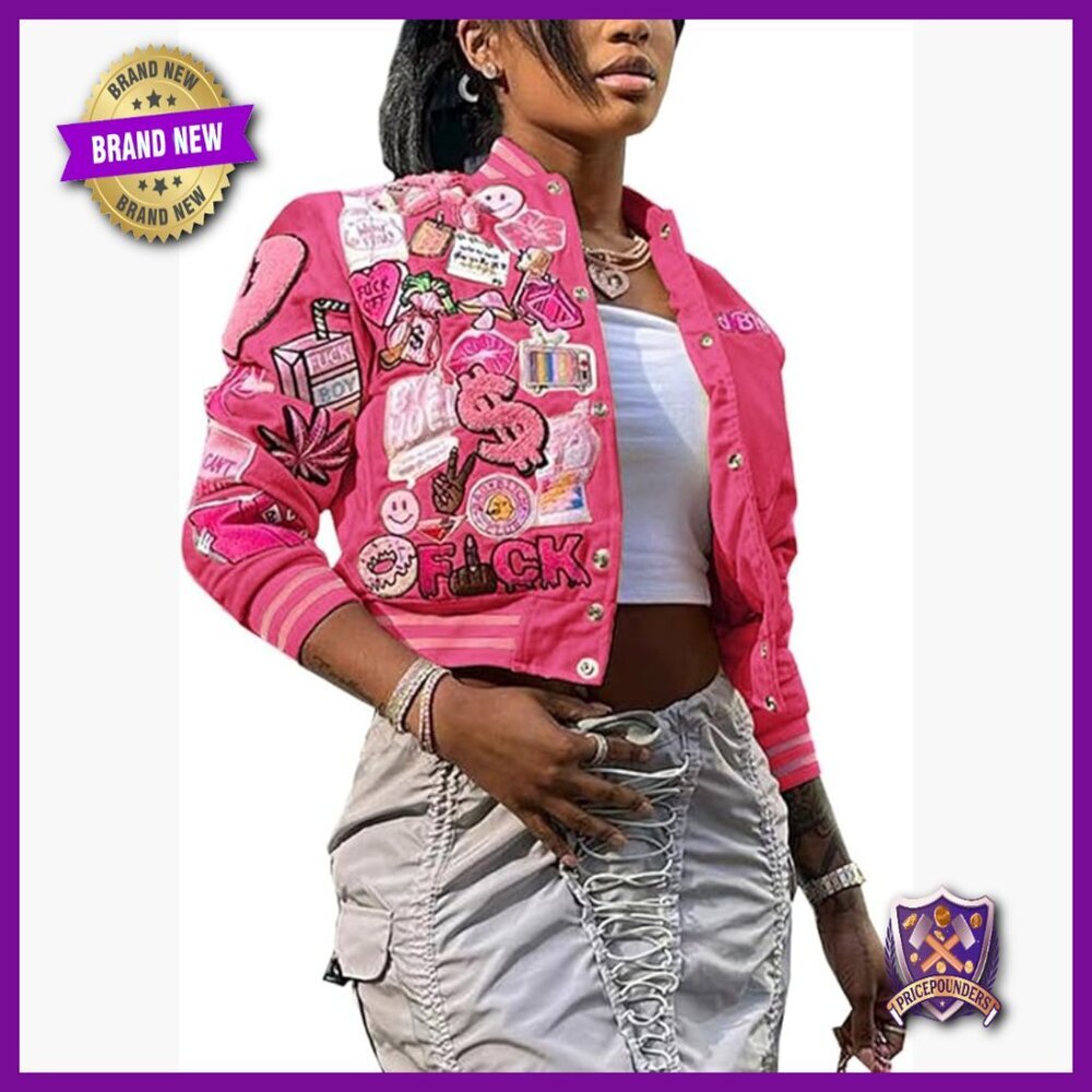 Vintage Patches Cropped Bomber Jacket Lightweight Acrylic Polyester